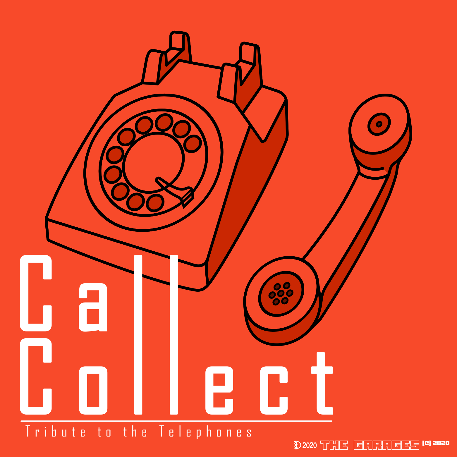 A line drawing of an old rotary phone with the reciever resting upright next to it. The title Call Collect is written on top, with the l's connected vertically.